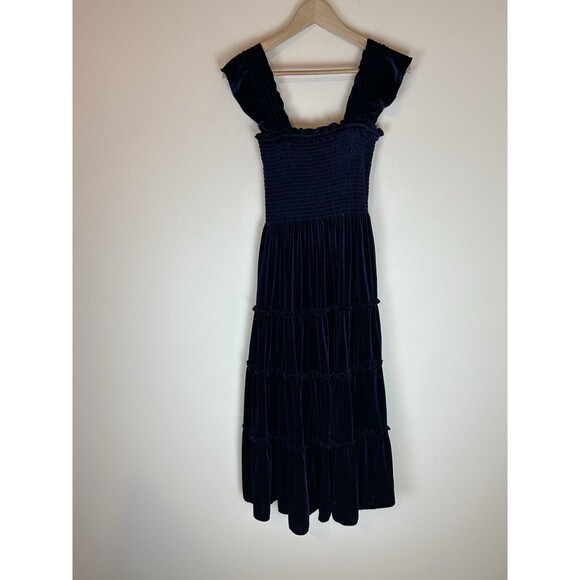 Stitch Fix M Blue Velvet Dress Midi Tiered Navy Smocked Holiday Christmas Event - Picture 2 of 4